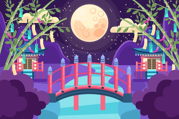 Vecteur gratuit fond plat tanabata avec pont et pleine lune