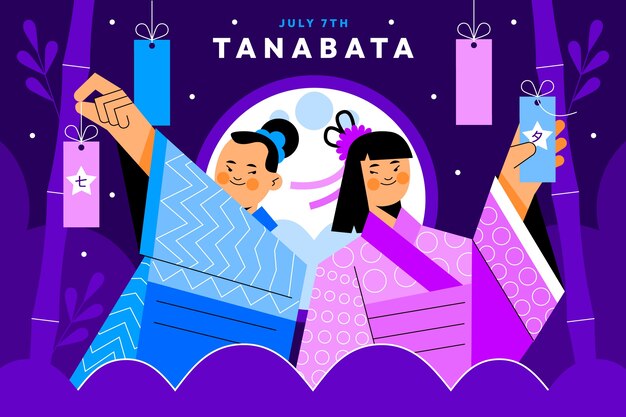 Vecteur gratuit fond plat tanabata avec quelques ornements suspendus