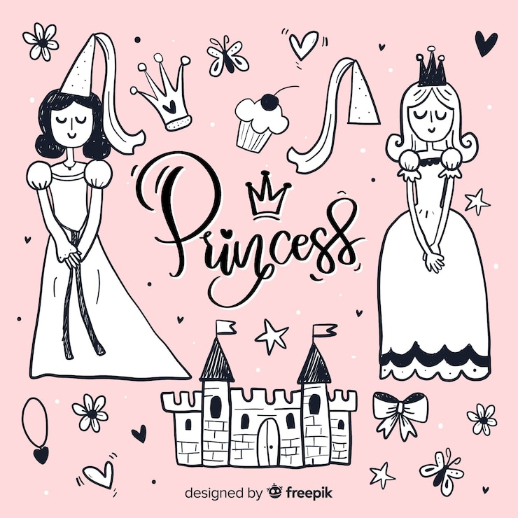 Vecteur gratuit fond de princesse et d'objets incolores dessinés à la main