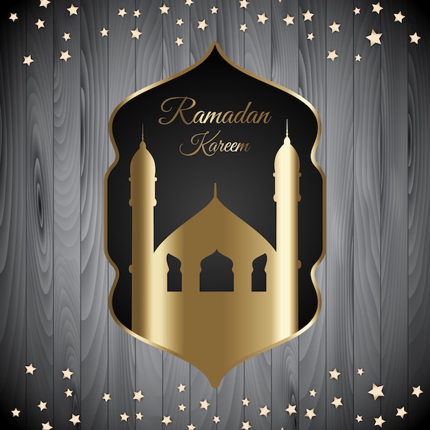 Vecteur gratuit fond de ramadan kareem avec la silhouette de la mosquée sur la texture du bois