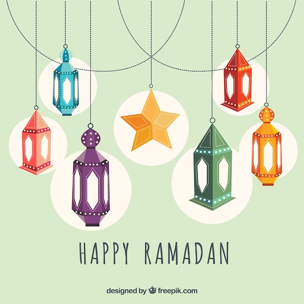 Vecteur gratuit fond de ramadan avec des lampes colorées et des ornements