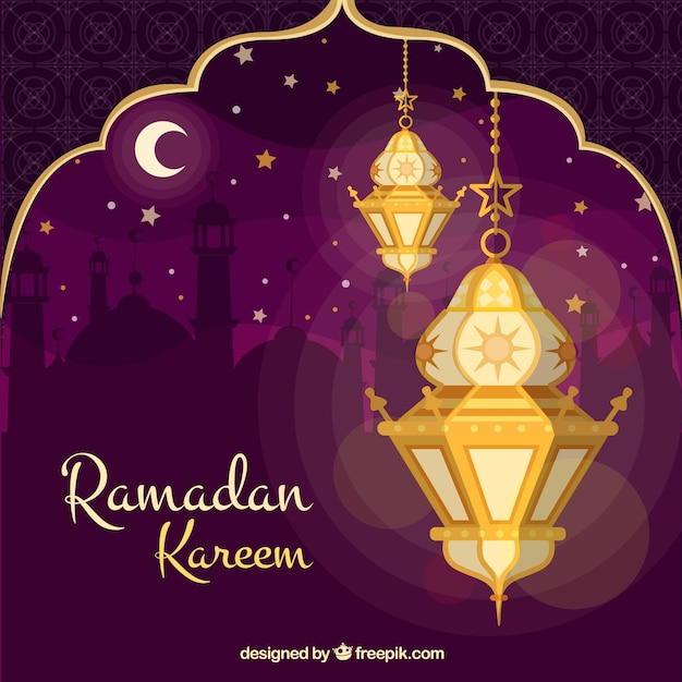 Vecteur gratuit fond de ramadan avec des lampes et des ornements