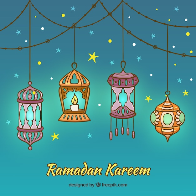 Vecteur gratuit fond de ramadan avec des lampes en style dessiné à la main