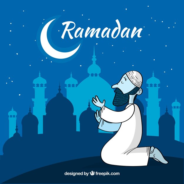 Vecteur gratuit fond de ramadan avec la mosquée dans le style dessiné à la main