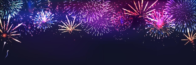 Vecteur gratuit fond réaliste d'animation de feu d'artifice avec illustration vectorielle de symboles de célébration et de vacances