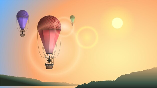 Fond réaliste de coucher de soleil de montgolfière vintage