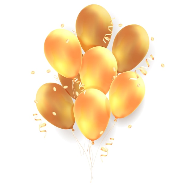 Vecteur gratuit fond réaliste de fête de célébration avec bouquet de ballons à air dorés décorés par des rubans d'or illustration vectorielle