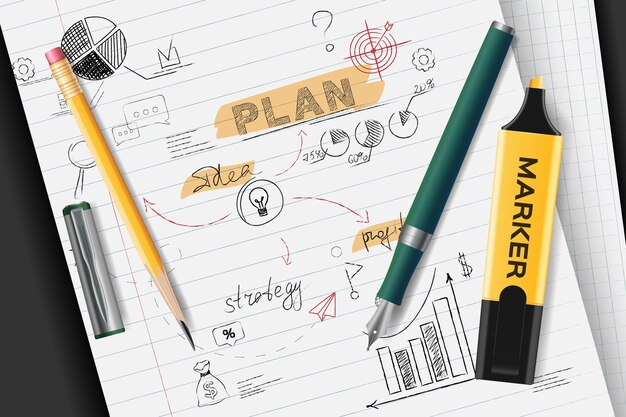 Fond réaliste de plan d'affaires avec une feuille de papier pour ordinateur portable avec des croquis au crayon illustration vectorielle
