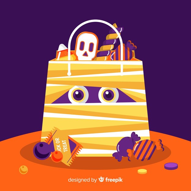 Fond de sac de bonbons momie halloween coloré dans un design plat