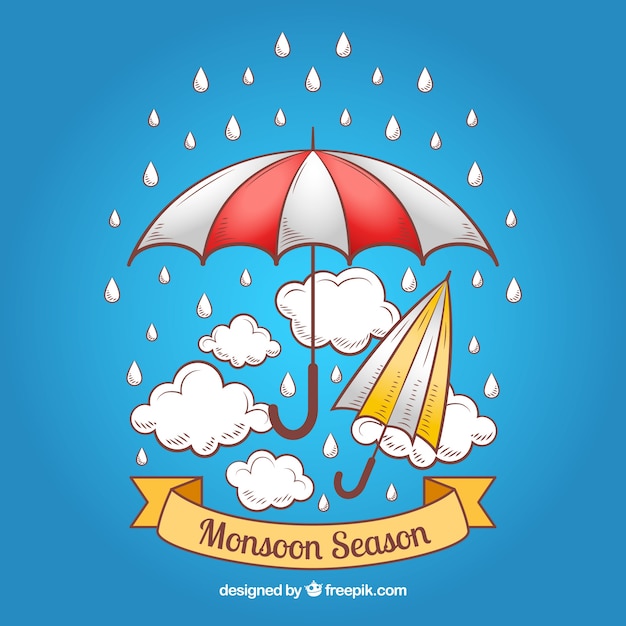 Vecteur gratuit fond de saison de mousson avec des parapluies