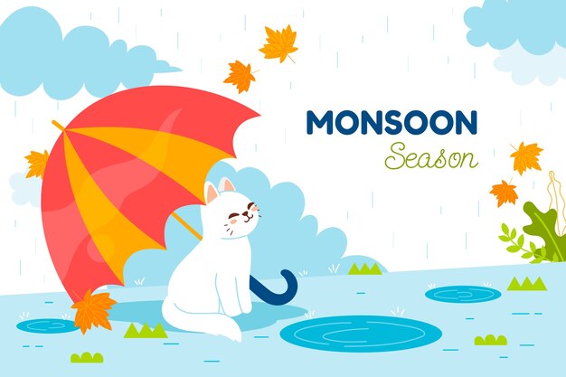 Fond De Saison De Mousson Plat Avec Chat Et Parapluie