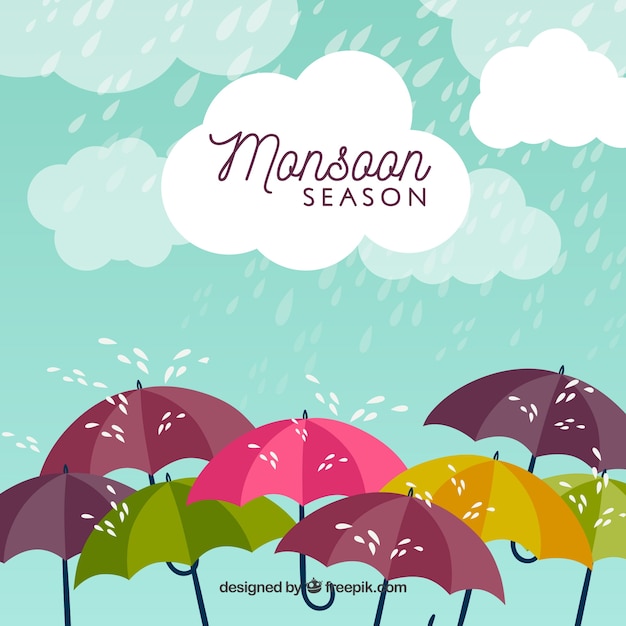 Fond De Saison De Mousson Avec Pluie Et Parapluies