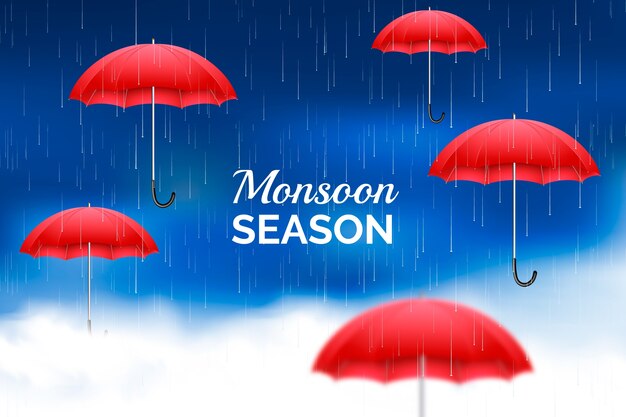 Fond de saison de mousson réaliste avec pluie et parapluies