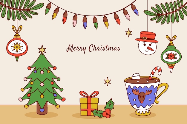 Fond de saison de Noël dessiné à la main avec arbre et chocolat chaud