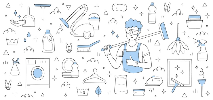 Vecteur gratuit fond de service de nettoyage avec ouvrier en uniforme machine à laver aspirateur spray et détergent vector illustration dessinée à la main de concierge avec balai piston brosse fer et assiettes