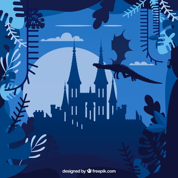 Fond de silhouette de château avec dragon volant