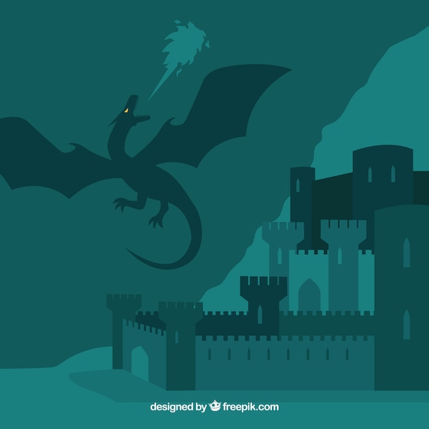 Vecteur gratuit fond de silhouette de château avec dragon volant