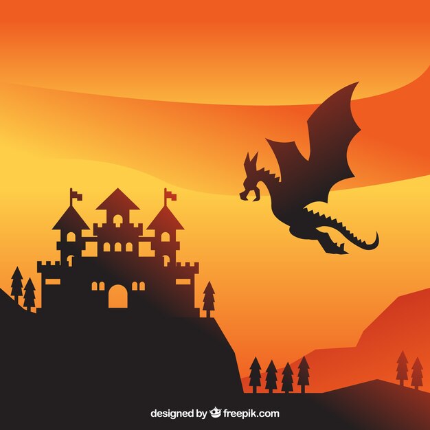 Fond de silhouette de château avec dragon volant