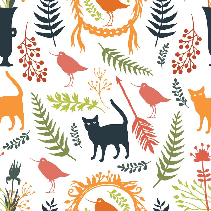 Fond avec des silhouettes d'oiseaux et de chats, de fleurs et de brindilles