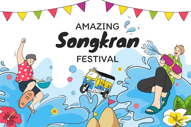 Vecteur gratuit fond de songkran dessiné à la main