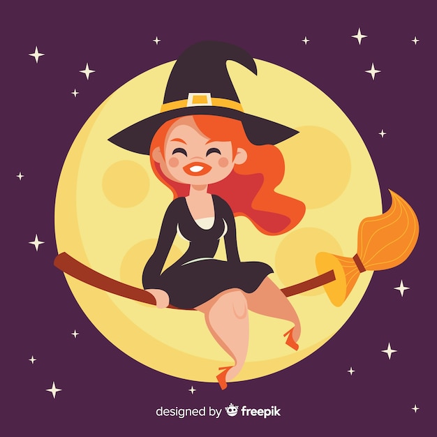 Vecteur gratuit fond de sorcière d'halloween mignon avec la lune