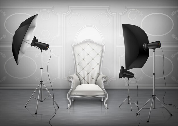 fond, studio photo avec fauteuil de luxe vide et mur avec ornement décoratif