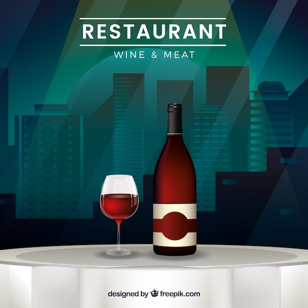Vecteur gratuit fond de table de restaurant avec une bouteille de vin et de verre