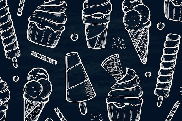 Fond de tableau noir de crème glacée dessiné à la main