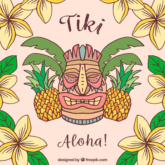 Fond Tiki Avec Fleurs Dessinées à La Main Et Cônes De Pin