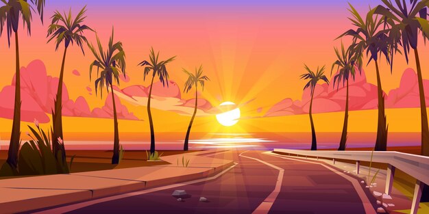 Fond tropical coucher de soleil avec palmier et route