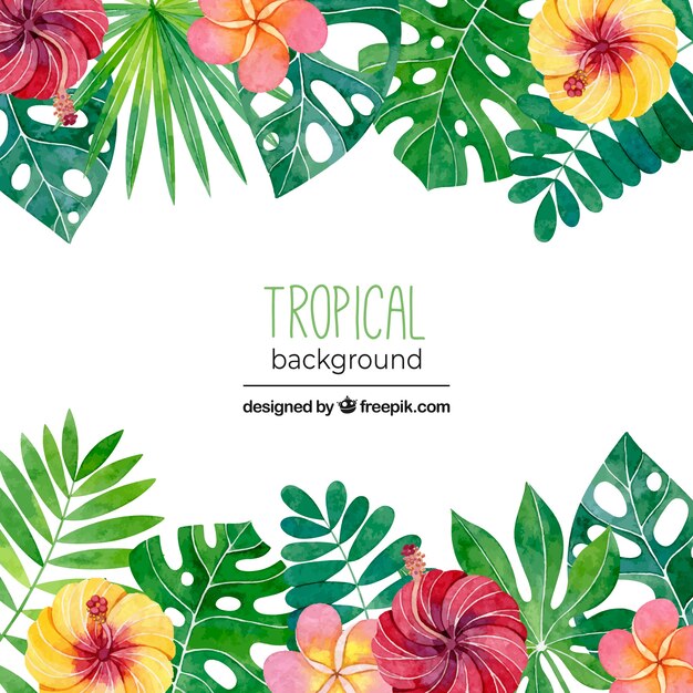 Fond tropical avec des feuilles et des fleurs dans un style aquarelle