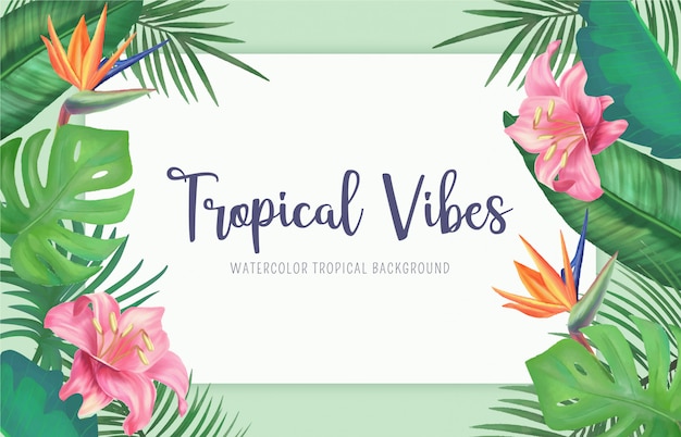 Fond Tropical Avec Des Fleurs Et Des Feuilles D'aquarelle