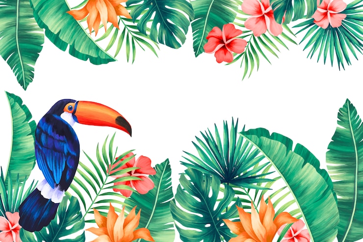 Vecteur gratuit fond tropical avec toucan et feuilles exotiques