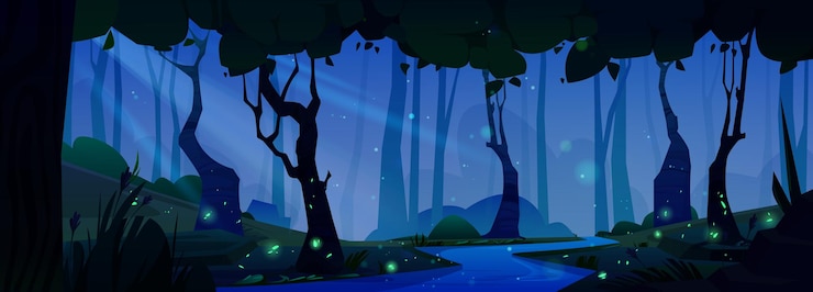 Vecteur gratuit fond de vecteur de dessin animé de forêt de nuit fantastique environnement boisé de conte de fées mystérieux avec lucioles volantes rive de la rivière et faisceau de clair de lune tronc luxuriant sur la côte et photo de ver luisant vert