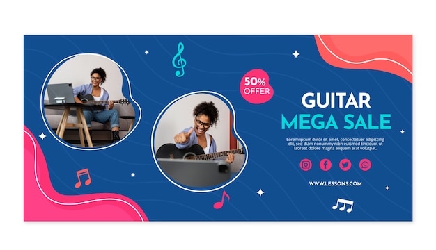 Vecteur gratuit fond de vente de cours de guitare design plat dessiné à la main