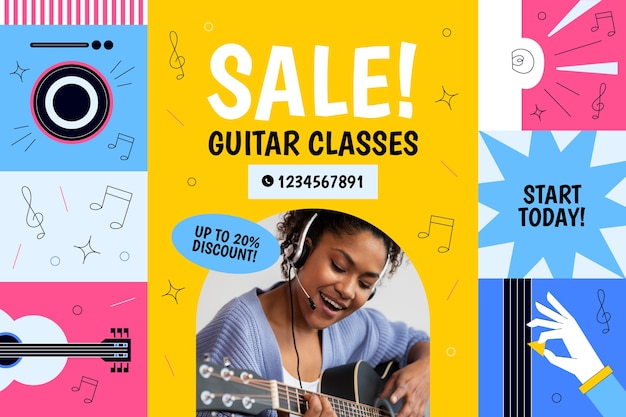 Fond de vente de cours de guitare dessinés à la main