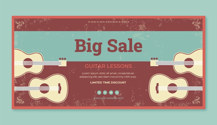 Vecteur gratuit fond de vente de leçons de guitare vintage plat