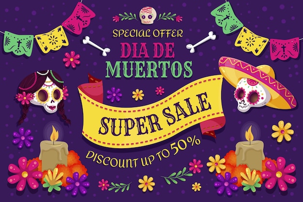 Vecteur gratuit fond de vente plat dia de muertos