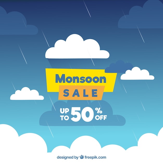 Vecteur gratuit fond de vente saison monsoon avec ciel plein de nuages