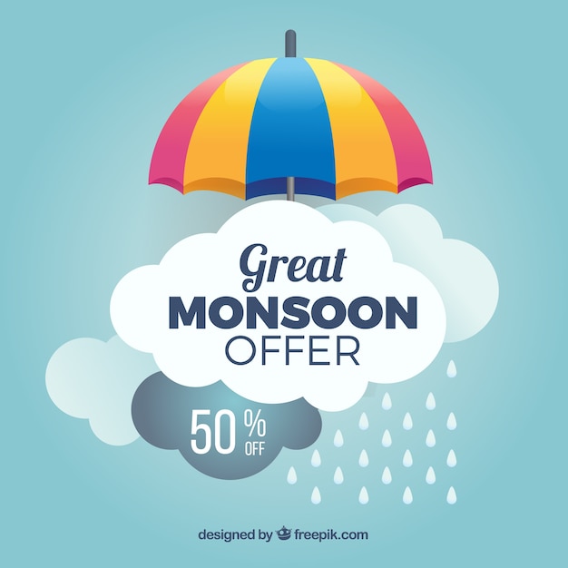 Fond de vente de saison de mousson avec parapluie et nuages