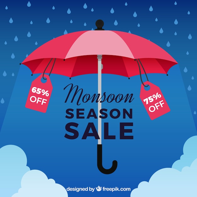 Vecteur gratuit fond de vente de saison de mousson avec parapluie