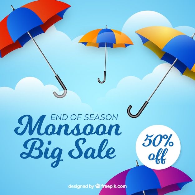 Fond de vente de saison de mousson avec des parapluies colorés