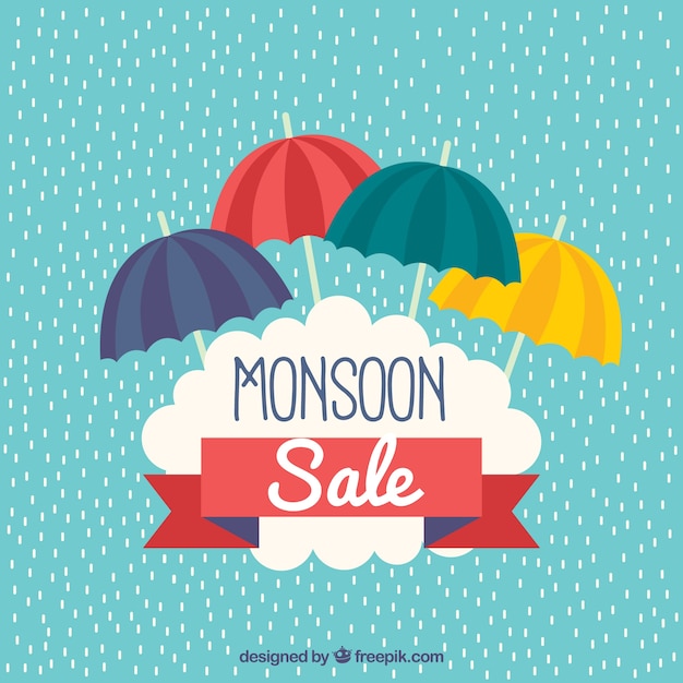 Vecteur gratuit fond de vente de saison de mousson avec des parapluies