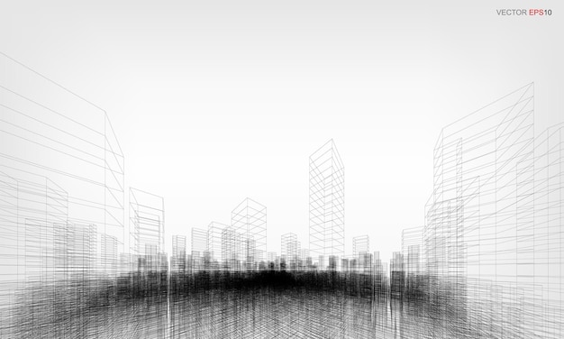Fond de ville filaire. rendu 3d en perspective du bâtiment filaire. illustration vectorielle.