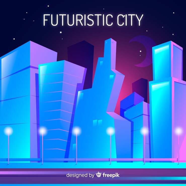 Vecteur gratuit fond de ville plat nuit futuriste