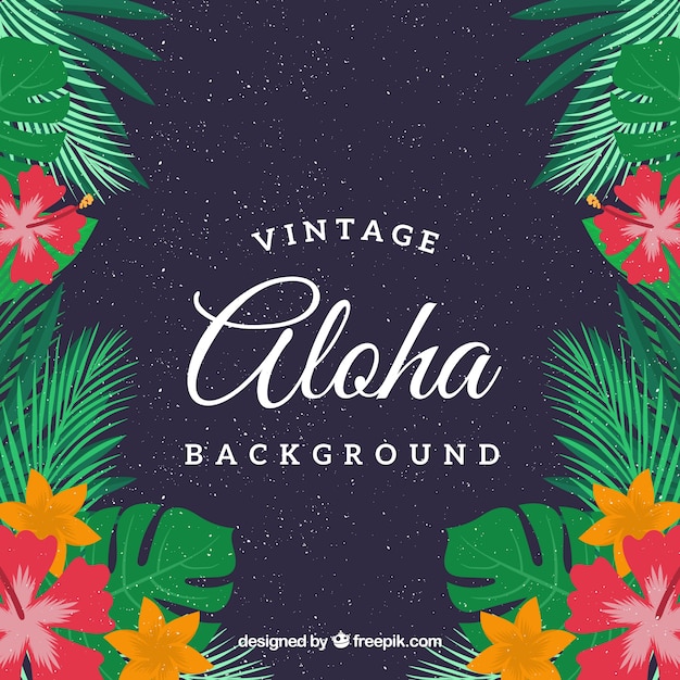 Fond vintage aloha avec des fleurs et des feuilles de palmier