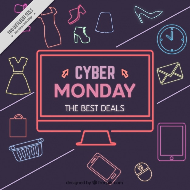 Vecteur gratuit fond violet pour cyber lundi avec des objets colorés