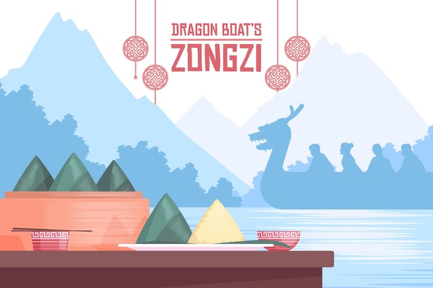 Fond De Zongzi Du Bateau Dragon Au Design Plat