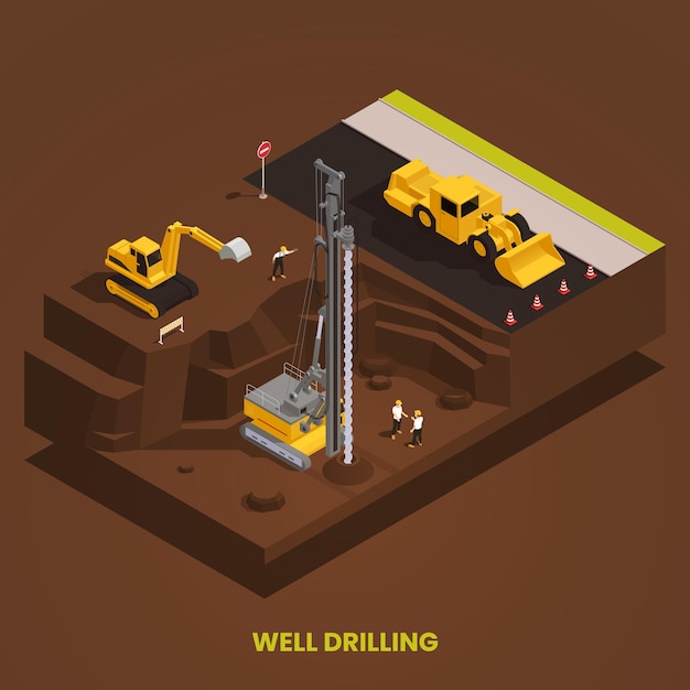 Vecteur gratuit forage de puits dans la fosse de fondation avec foreuse et composition isométrique d'excavatrice sur fond marron illustration vectorielle 3d