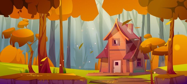 Forêt d'automne avec maison en bois sur clairière Illustration de dessin animé de vecteur de paysage boisé profond avec herbe de hutte forestière et orangers Scène d'automne avec chalet